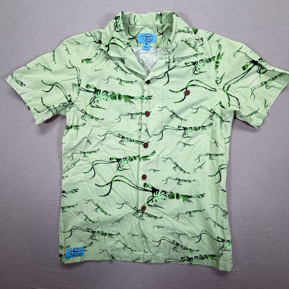TrueFlies Button Down Shirt Mens Small Good Green Fly Fishing Lure Print Cotton